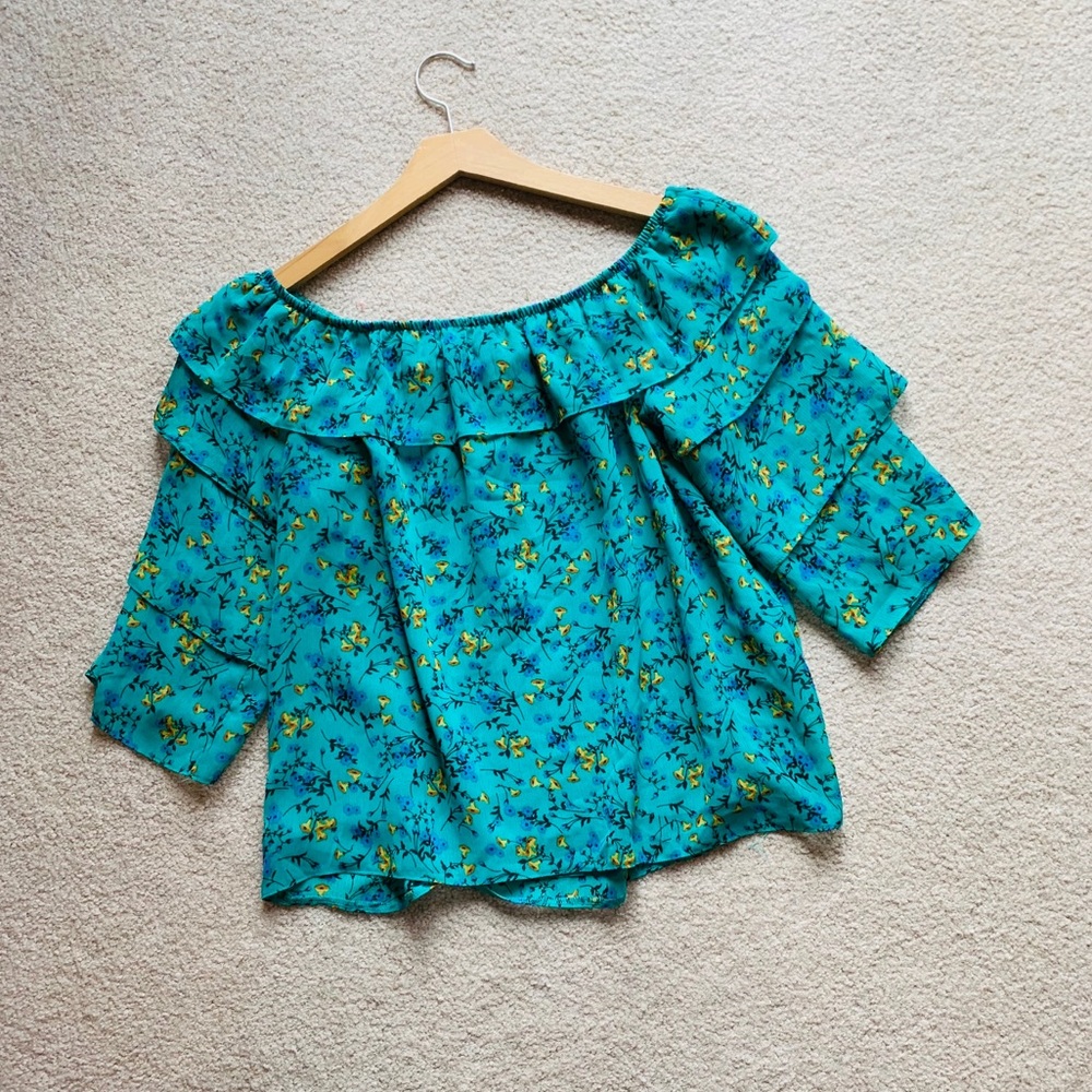 Papaya Green Floral Ruffle Off-The-Shoulder Blouse